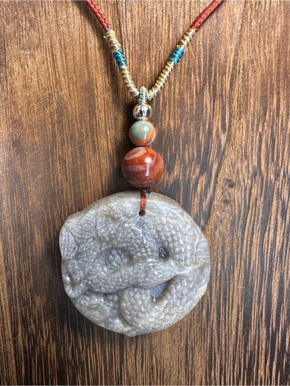 Coral Fossil Snake Pendant Necklace with Polychrome Beads on Adjustable Rope